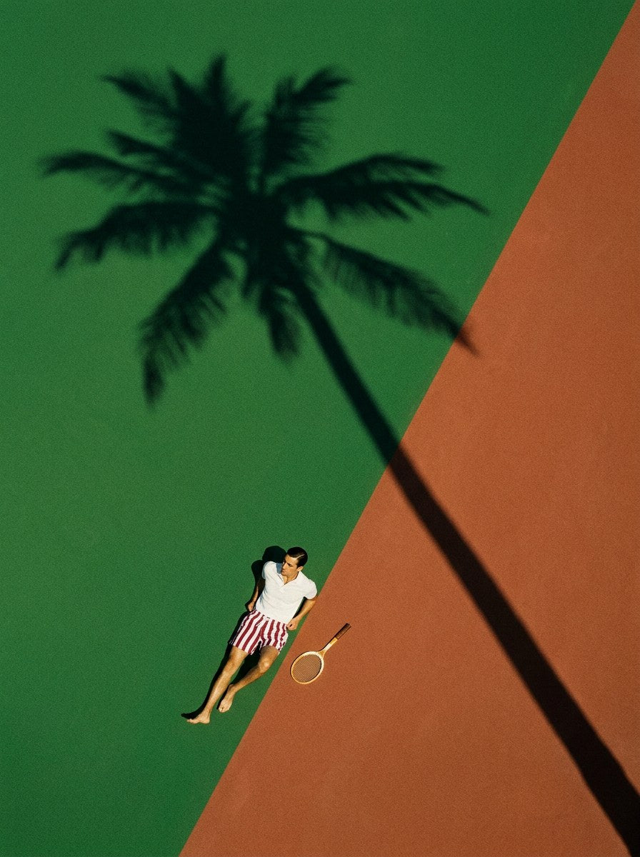 Palmees lookbook — tennis court, red stripes